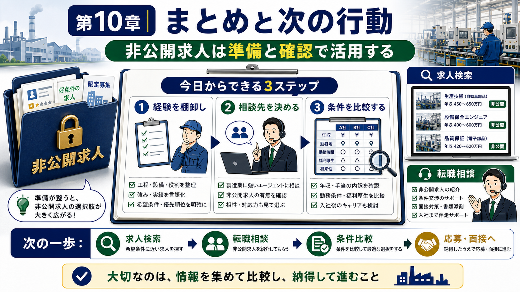 第10章「まとめ——非公開求人を味方につけて納得の転職を」の要点を整理したインフォグラフィック。記事の要点3つを大きな数字付きカードで集約し、今日からできる3つのアクションステップと求人検索・転職相談への最終CTAを配置した締めくくり