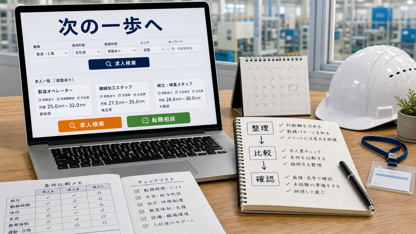 第10章「まとめ：夜勤求人を納得して選ぶために」の要点を整理したインフォグラフィック。記事全体の要点を1枚にまとめたインフォグラフィック。判断軸の整理から求人比較、応募、入社後の行動までの流れを矢印で示し、次のアクションとして求人検索・転職相談への導線を提示する。