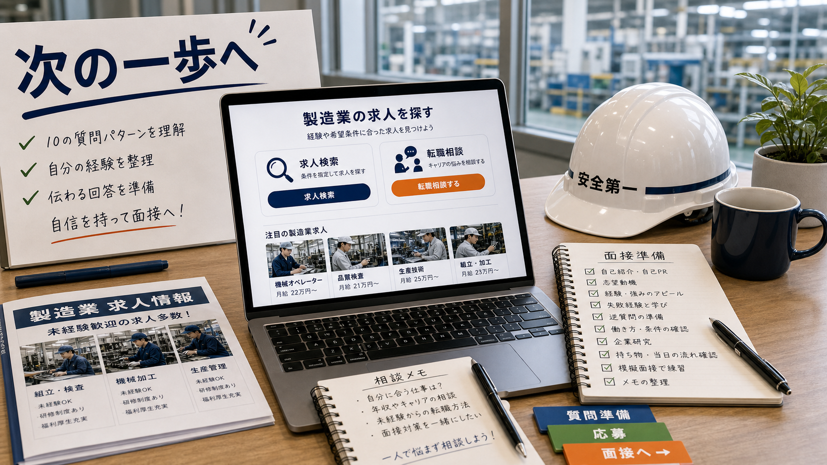 第10章「まとめ：準備した分だけ面接は答えやすくなる」の要点を整理したインフォグラフィック。記事全体の要点を振り返るサマリーと、求人検索・転職相談への2つのCTAを配置したまとめ章