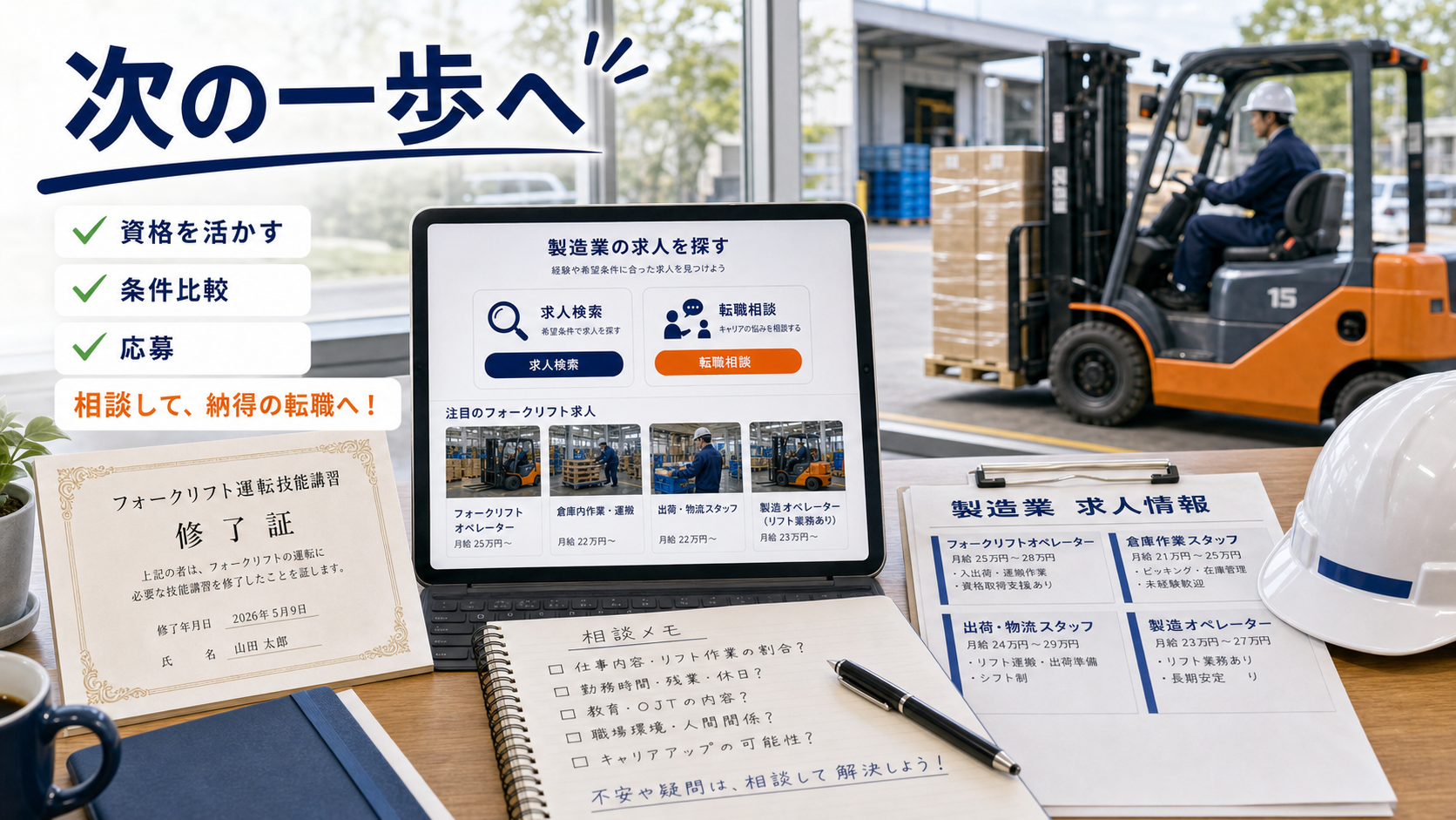第10章「まとめ：フォークリフト資格を活かして次の一歩を踏み出す」の要点を整理したインフォグラフィック。全体の要点を3点に凝縮した振り返り図と、求人検索・転職相談への導線を示すCTAボックス。