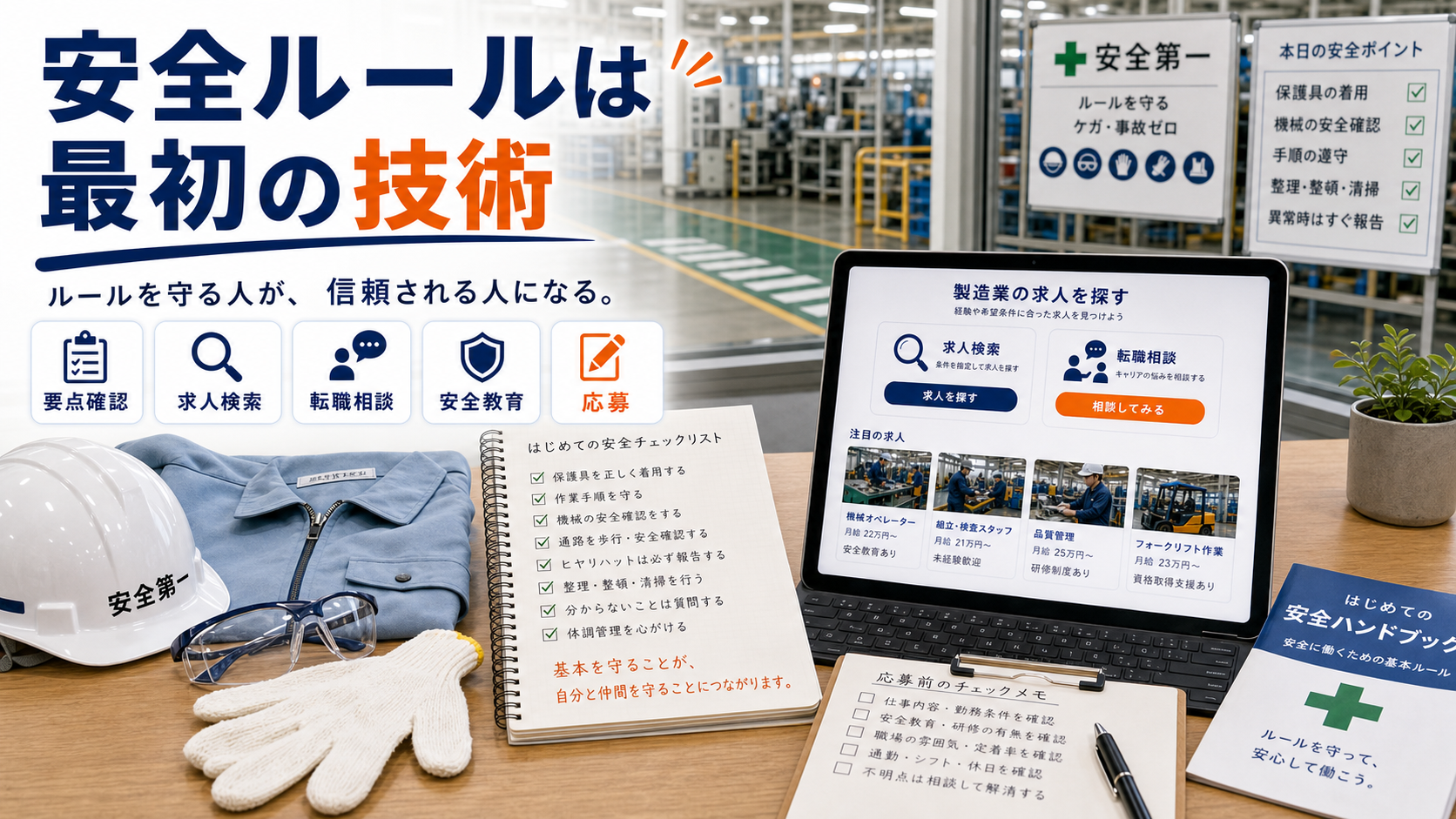 第10章「まとめ：安全ルールは自分を守る最初の技術」の要点を整理したインフォグラフィック。全9章の要点チェックリストと求人検索・転職相談への導線を示すまとめ図