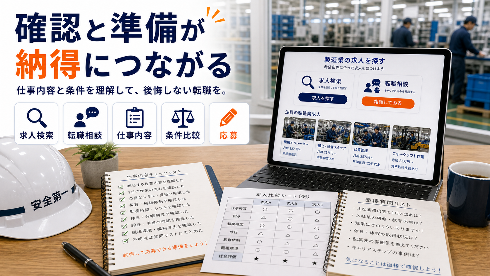 第10章「まとめ：確認と準備が納得できる転職につながる」の要点を整理したインフォグラフィック。全9章の要点を1行ずつ振り返るリストと、求人検索・転職相談への具体的な次のステップを案内するまとめ図