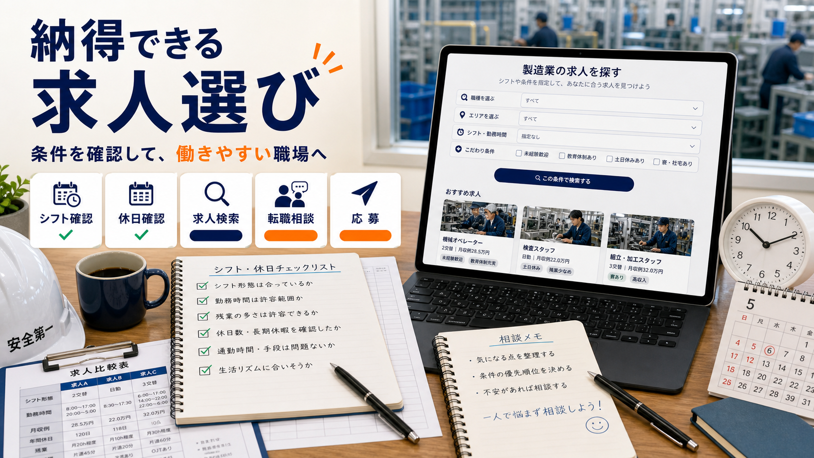 第10章「まとめ──シフトと休日を正しく読み、納得できる工場求人を選ぶ」の要点を整理したインフォグラフィック。チェックリストに全項目チェックが入った完了イメージ。背景に求人検索画面と相談窓口のアイコンを配置し、次のアクションを示唆