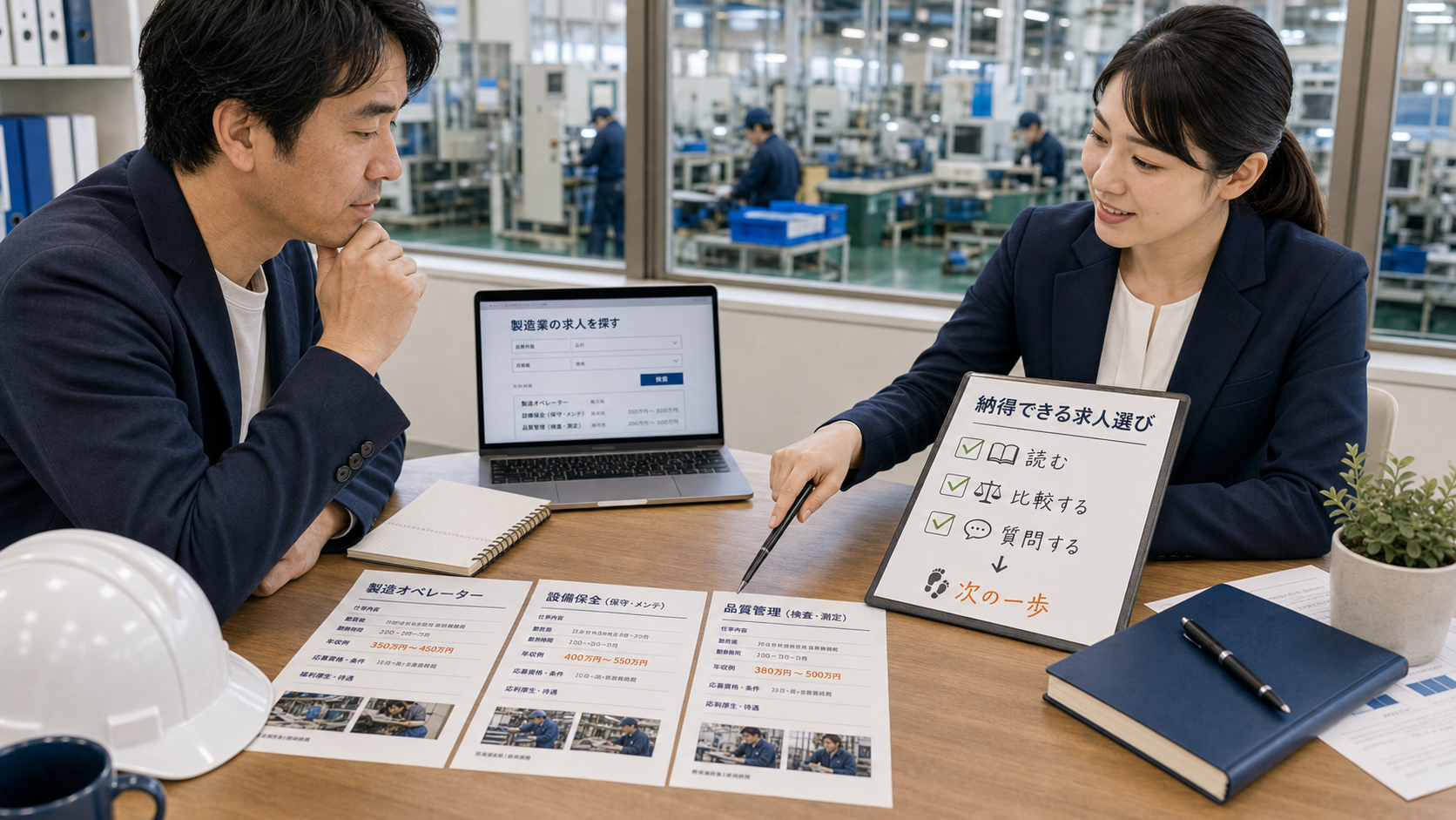第10章「まとめ：納得できる求人選びのために」の要点を整理したインフォグラフィック。3ステップ（読む→比較→質問）を左から右へ並べたフロー図の下に、求人検索と転職相談の2つのボタンを配置