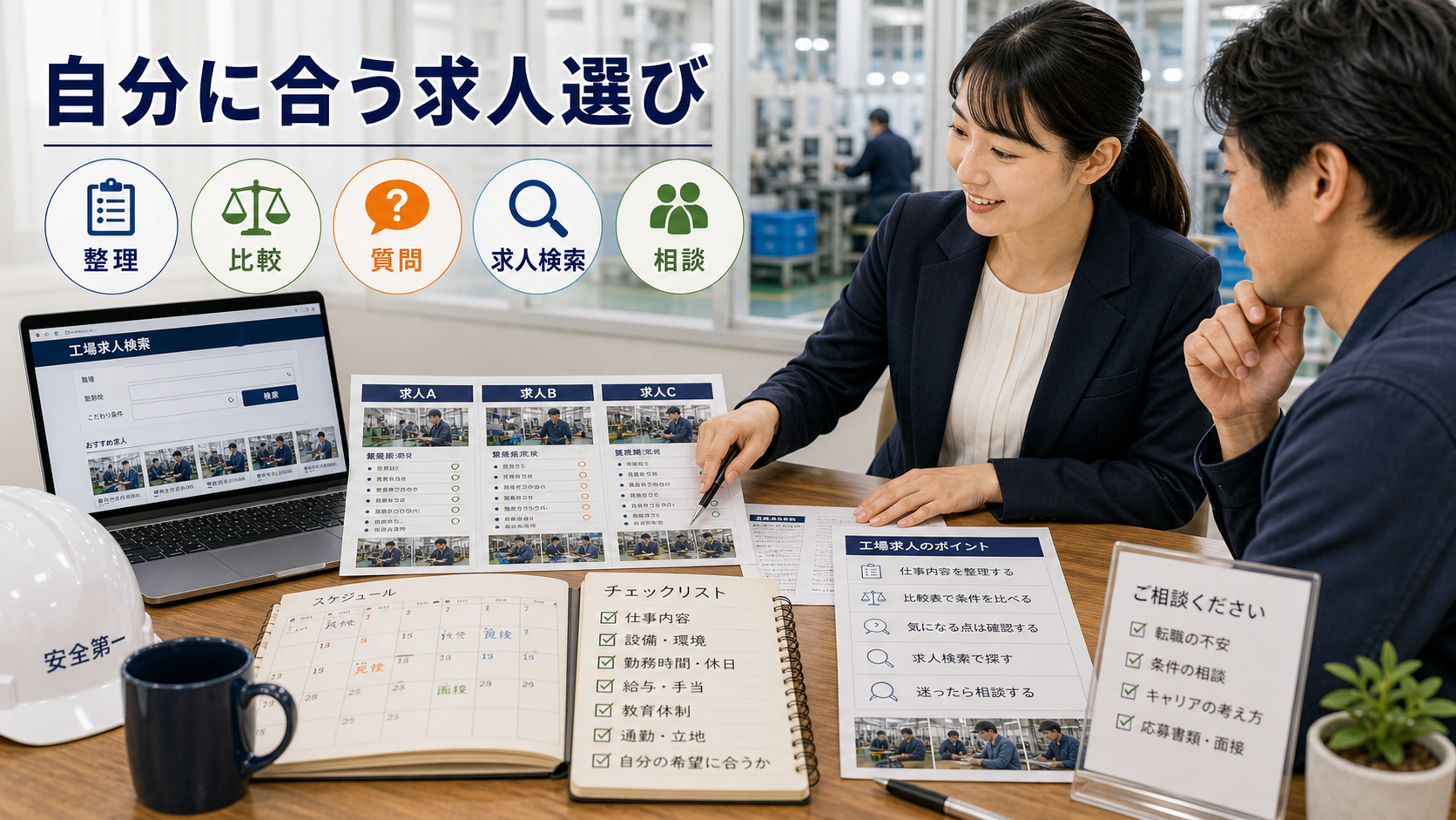 第10章「まとめ──自分に合う工場求人を見つけるために」の要点を整理したインフォグラフィック。3軸（仕事内容・設備環境・勤務時間）を中心に、比較表→質問リスト→求人検索→転職相談の流れを示すフロー図