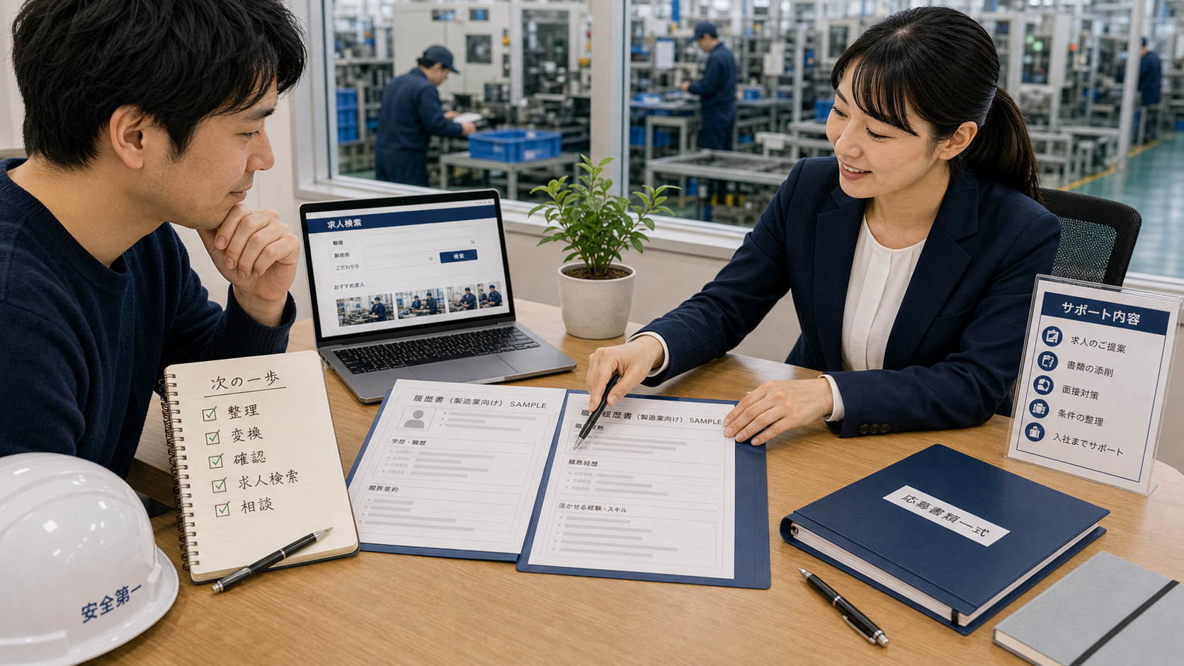 第10章「まとめ：経験が浅くても伝わる応募書類は作れる」の要点を整理したインフォグラフィック。要点3つをカード形式で並べ、その下に「求人を探す」「相談する」のCTAボタンを配置した図解。
