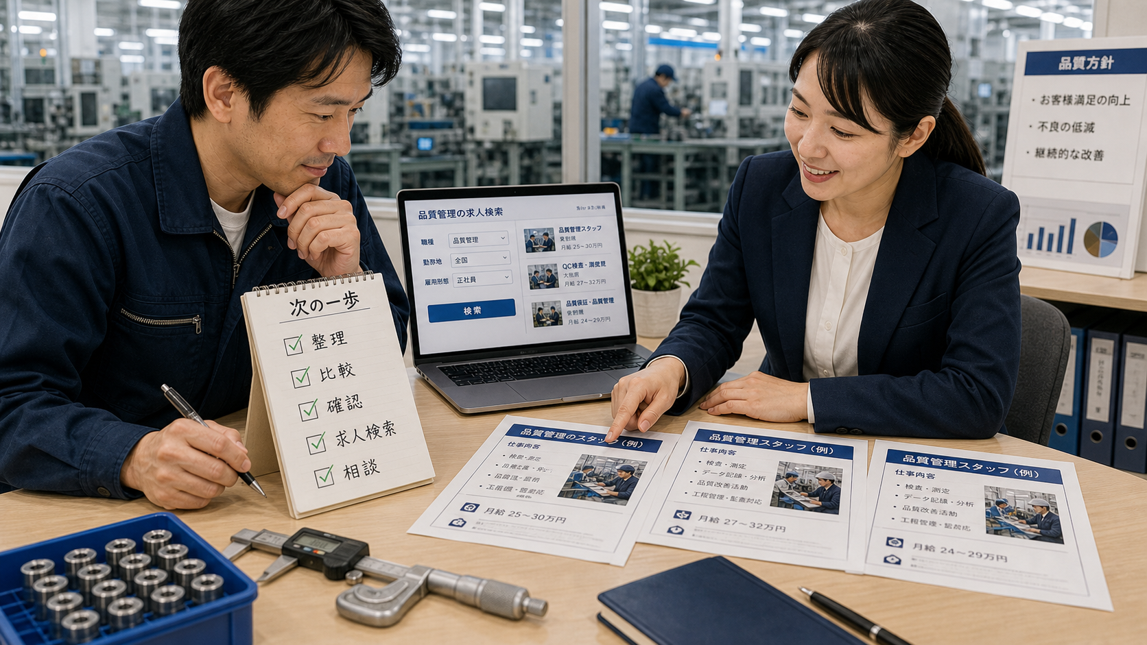 第10章「まとめ──品質管理スキルを整理して次の一歩へ」の要点を整理したインフォグラフィック。記事の要点を3〜4つのカードにまとめ、右下に求人検索・転職相談のボタンイメージを添えた図解。
