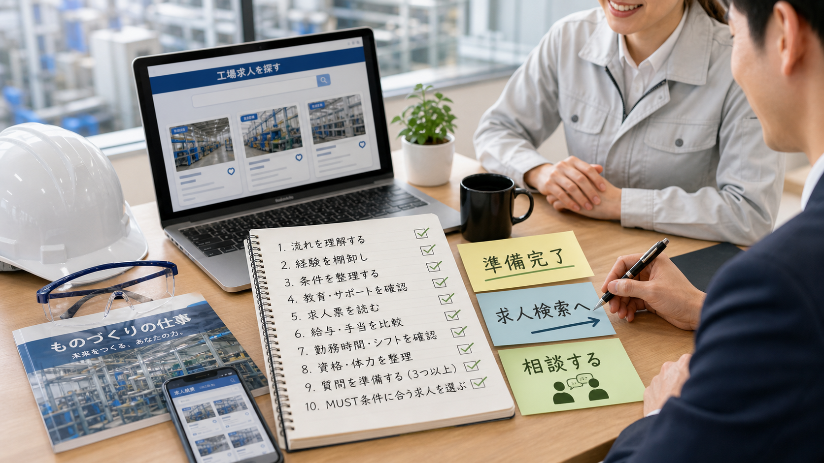 第10章「まとめ：準備を整えたら、求人を見て動き出す」の要点を整理したインフォグラフィック。準備完了チェックリスト。10項目を縦に並べ、各項目にチェック欄を添えた最終確認シート風。下部に求人検索・転職相談のボタンイメージ