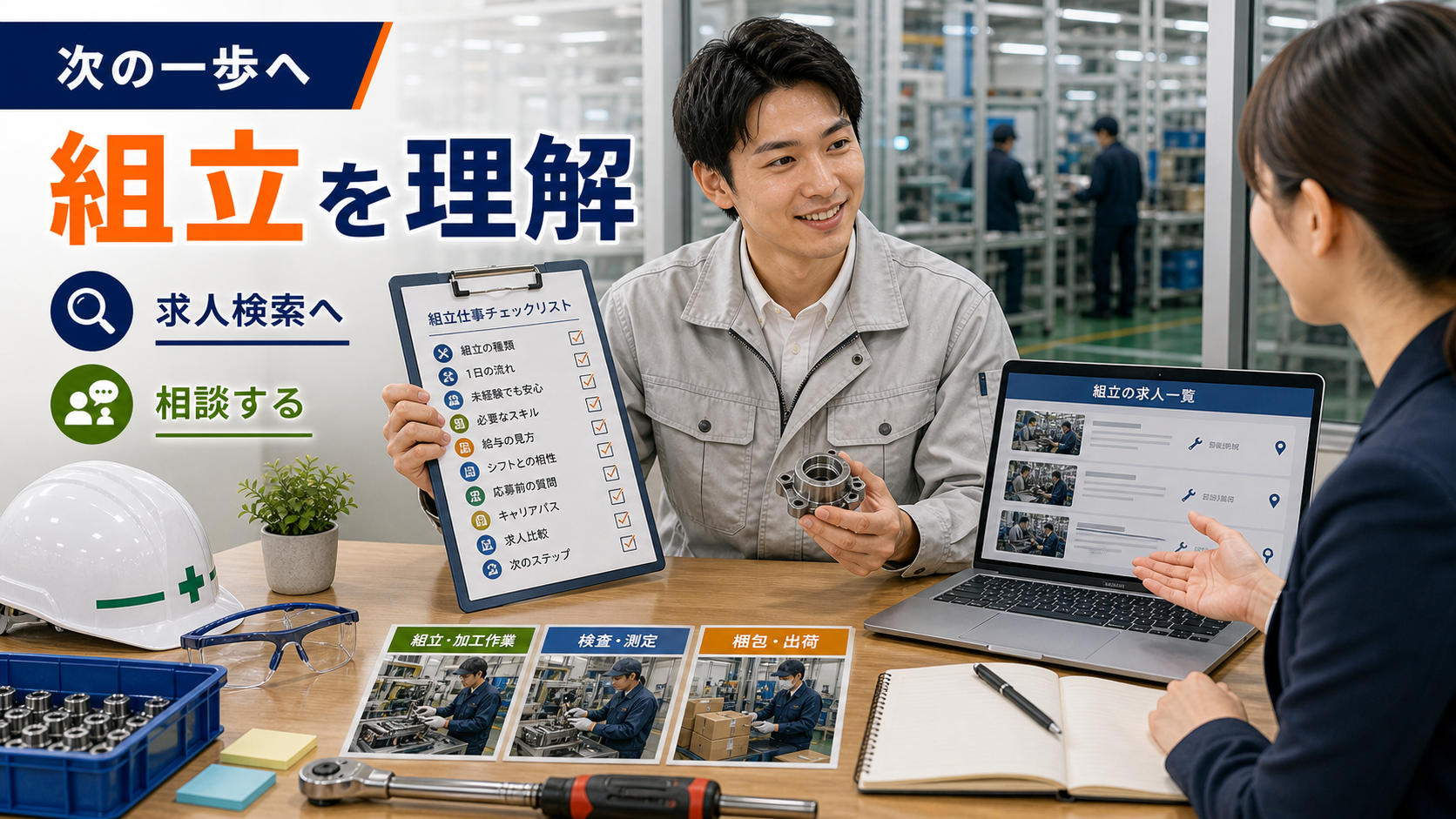 第10章「まとめ ─ 組立の仕事を理解して次の一歩へ」の要点を整理したインフォグラフィック。要点を3〜4つの丸アイコンで並べたまとめ図。右側に「求人検索」「転職相談」のボタン風CTAを配置。
