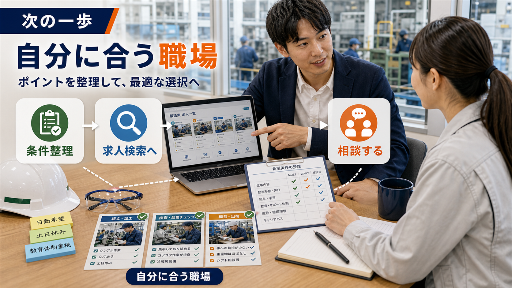 第10章「まとめ：自分に合う製造業求人を見つけるために」の要点を整理したインフォグラフィック。デスク上のチェックリストにすべてチェックが入り、横にスマホで求人検索画面が開いている。窓から明るい光が差し込む前向きな構図。