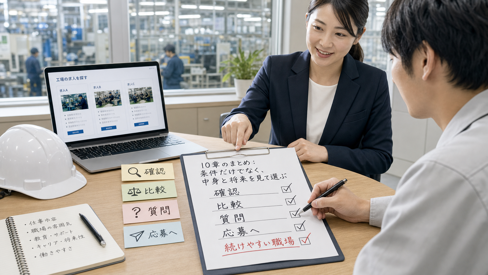 第10章「まとめ：続けやすい工場求人を見つけるために」の要点を整理したインフォグラフィック。ここまで読んでいただき、ありがとうございます。未経験から工場勤務を始めるとき、求人票のどこを見て、何を質問すれば「続けやすい職場」を選べるのか。この記事で扱った内容を振り返り、次のステップへつなげましょう。