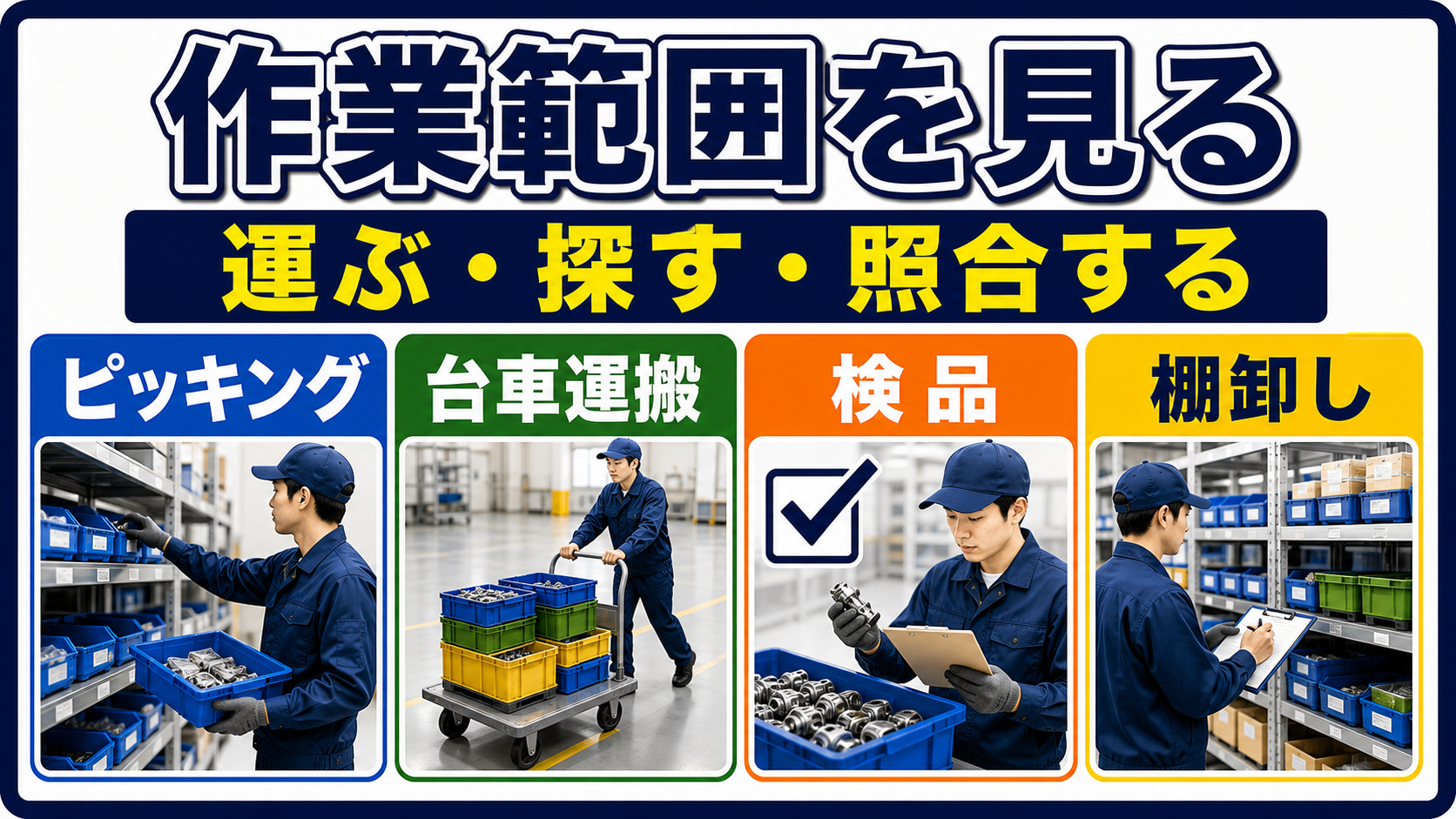 第2章｜仕事内容は入庫・部品供給・ピッキング・出荷に分けて読むの要点を整理した本文中の要約画像