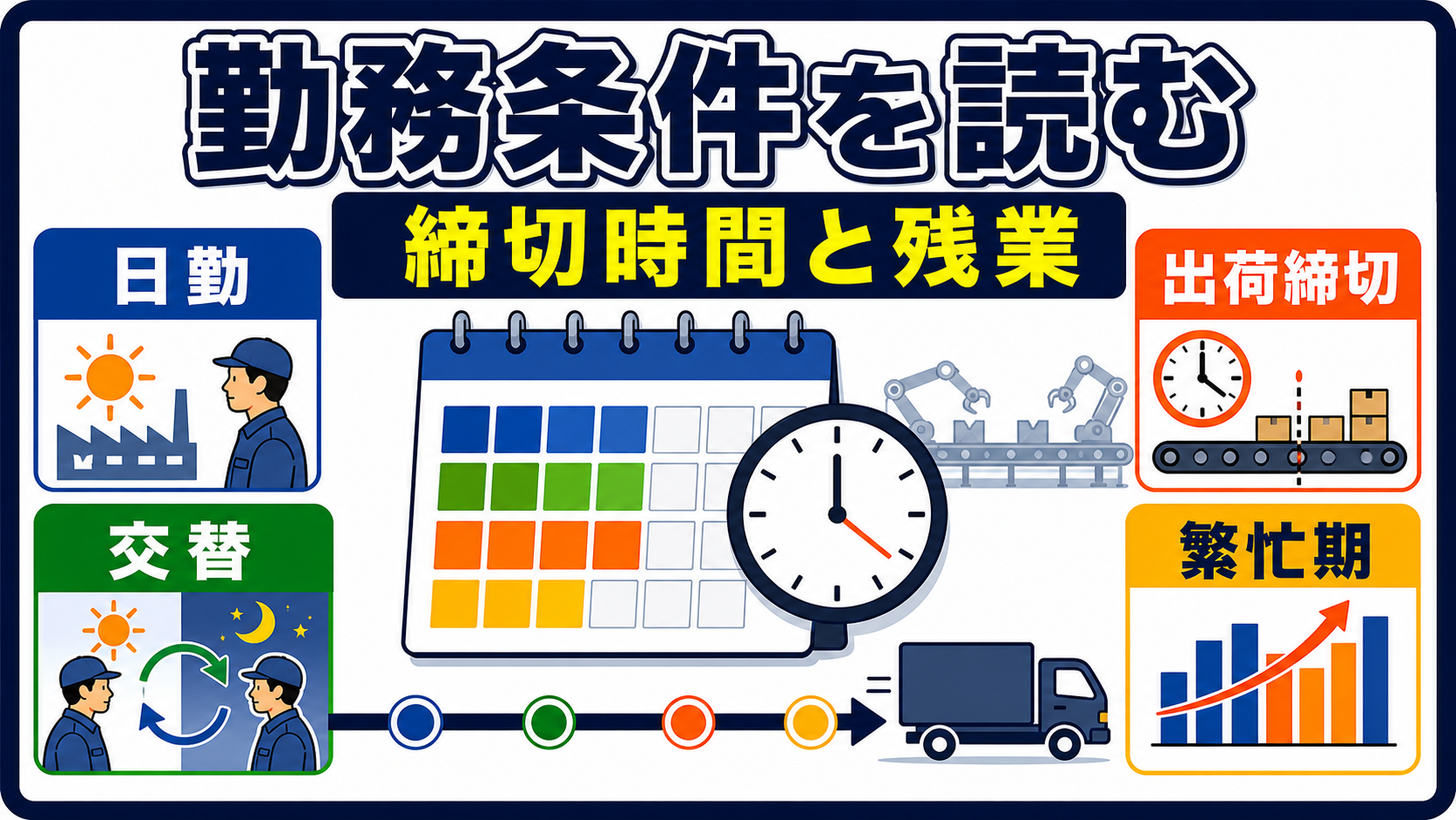 第5章｜勤務時間・休日・残業は出荷締切と生産計画で変わるの要点を整理した本文中の要約画像