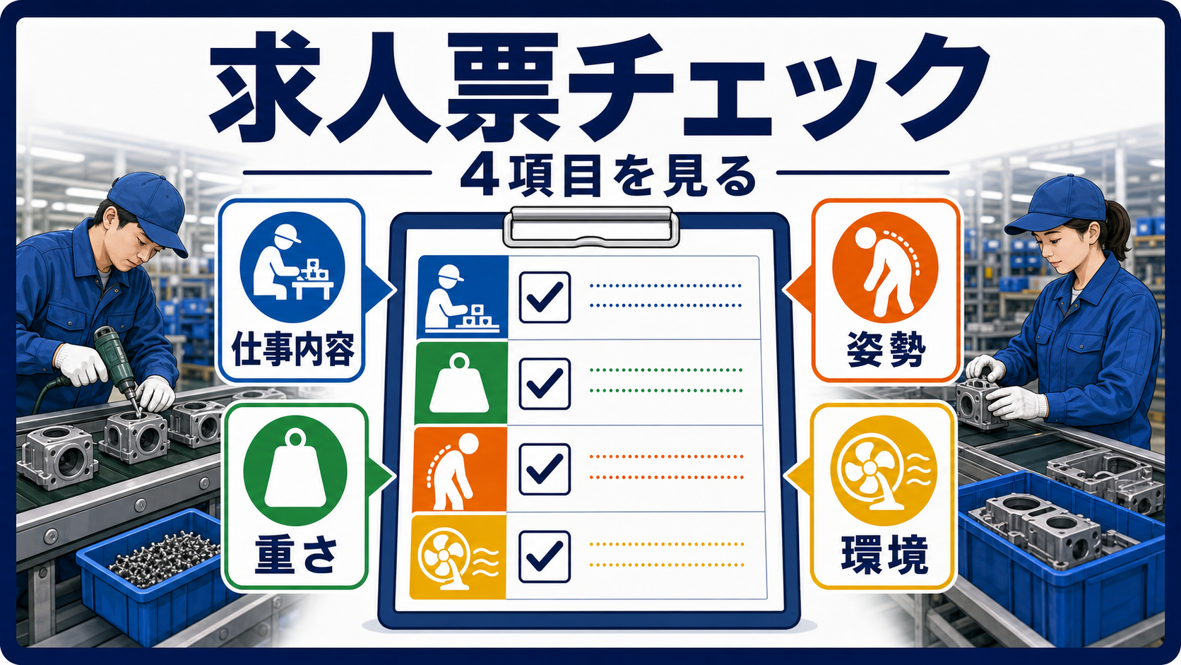 第2章｜求人票では仕事内容・重量物・立ち作業・環境を分けて読むの要点を整理した本文中の要約画像
