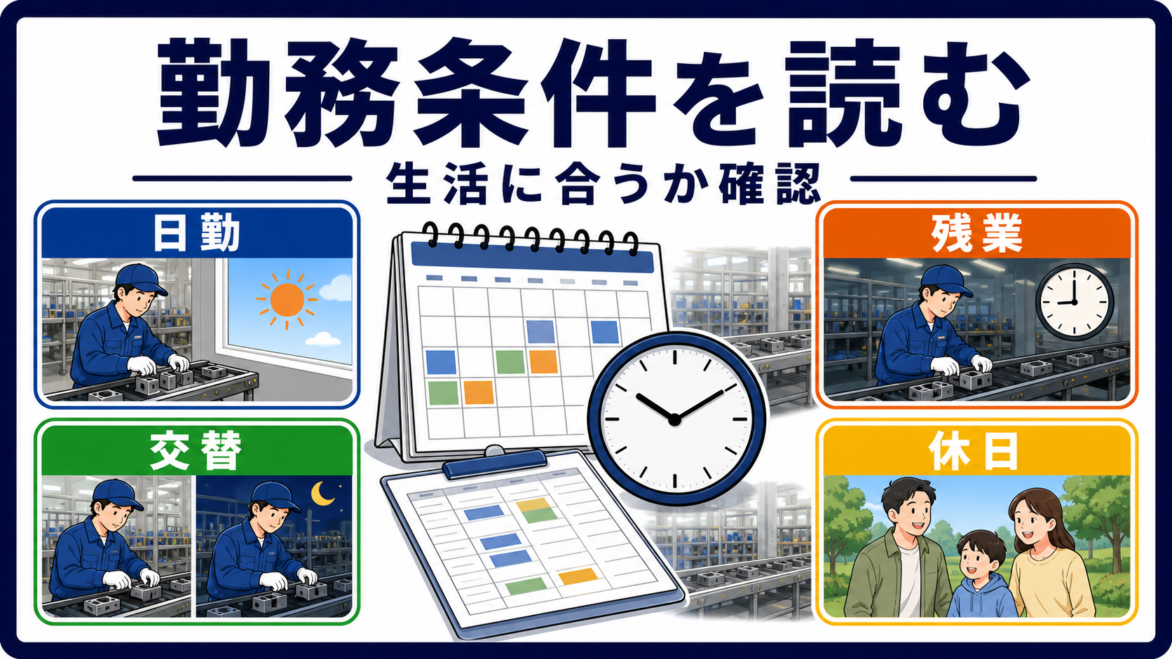 第7章｜勤務条件は日勤・交替・残業・休日を生活に合わせて見るの要点を整理した本文中の要約画像