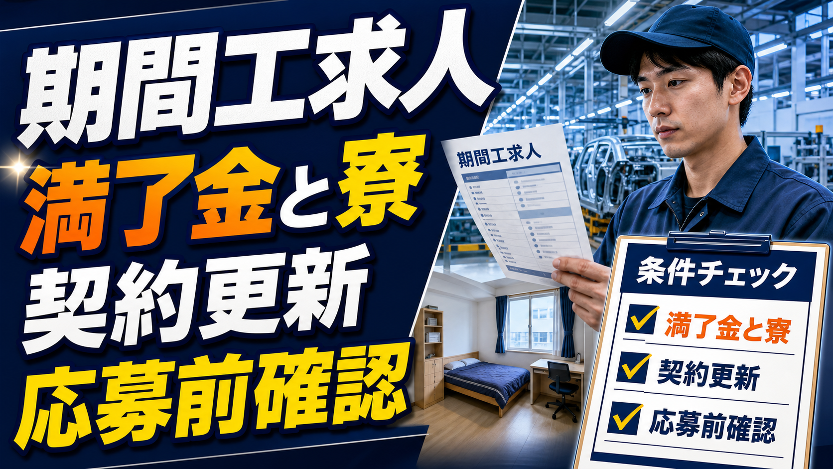 期間工求人で満了金・寮・契約更新を応募前に確認するポイントをまとめたアイキャッチ画像