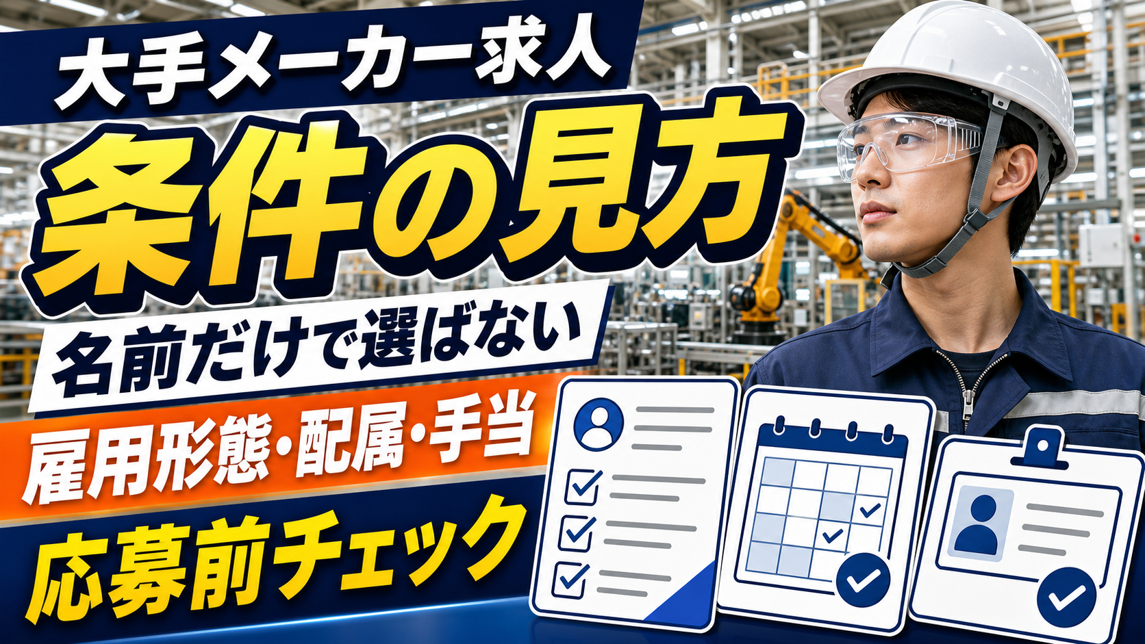 大手メーカー工場求人の見方と応募前チェックをまとめたアイキャッチ画像