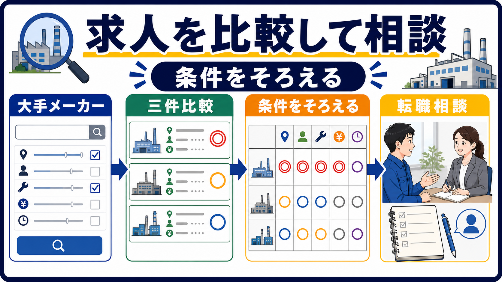 第8章｜求人検索と相談で大手メーカー求人を比較するの要点を整理した本文中の要約画像