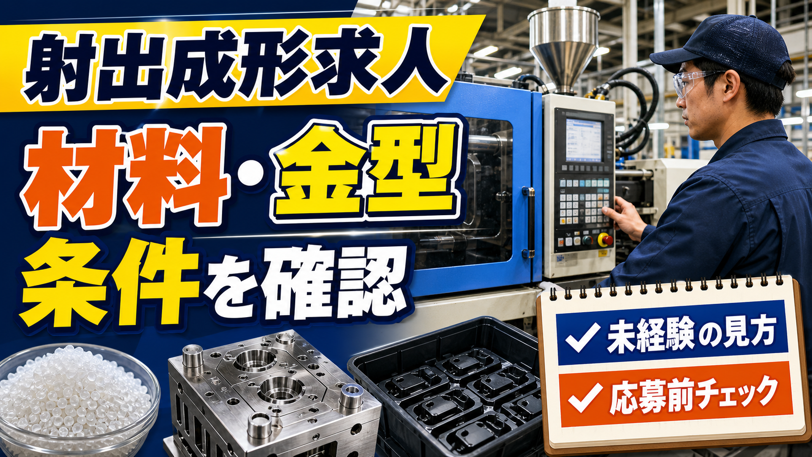 射出成形オペレーター求人で材料や金型や勤務条件を確認するためのアイキャッチ画像