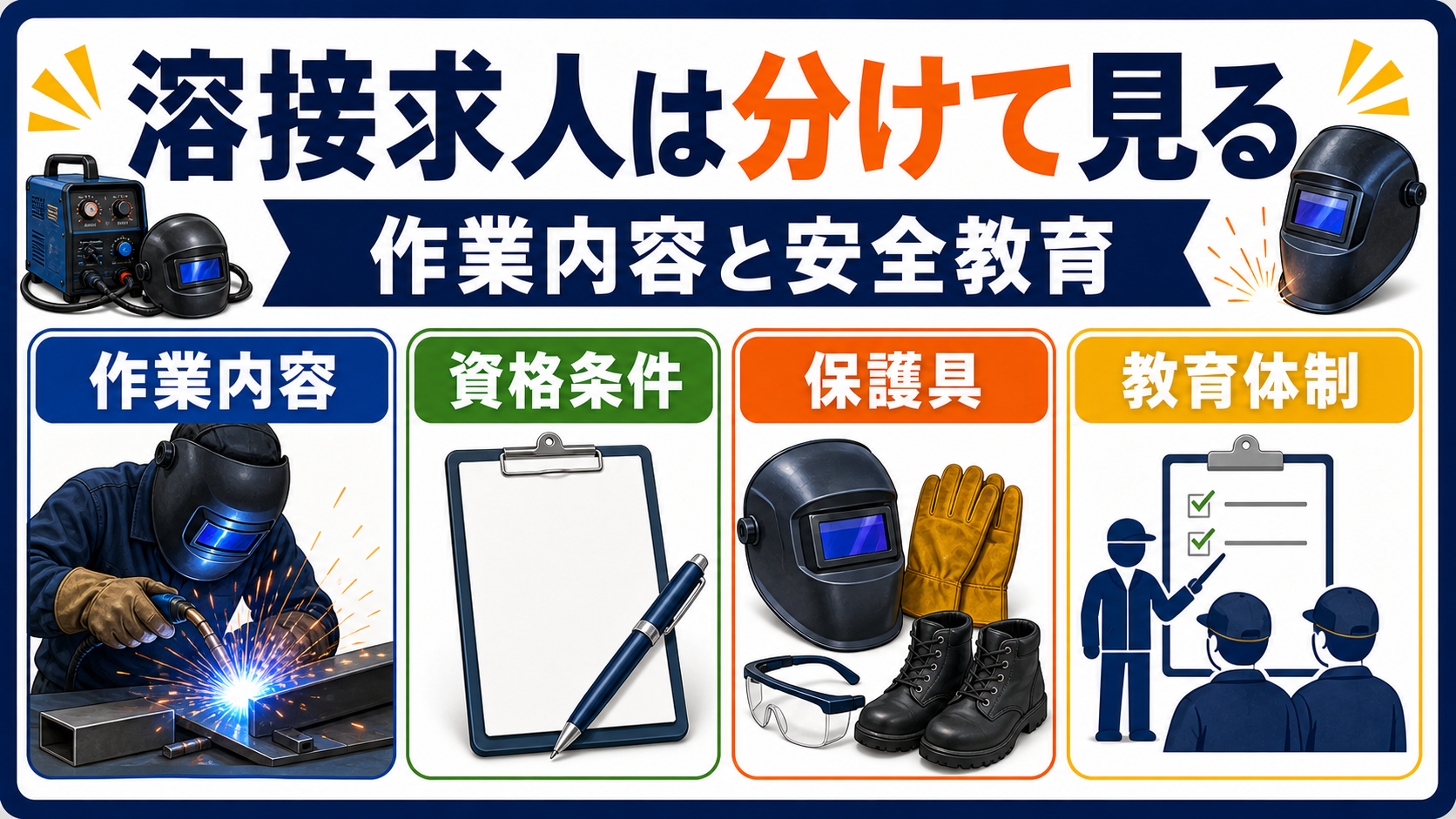第1章｜溶接求人は作業内容と安全教育を分けて見るの要点を整理した本文中の要約画像