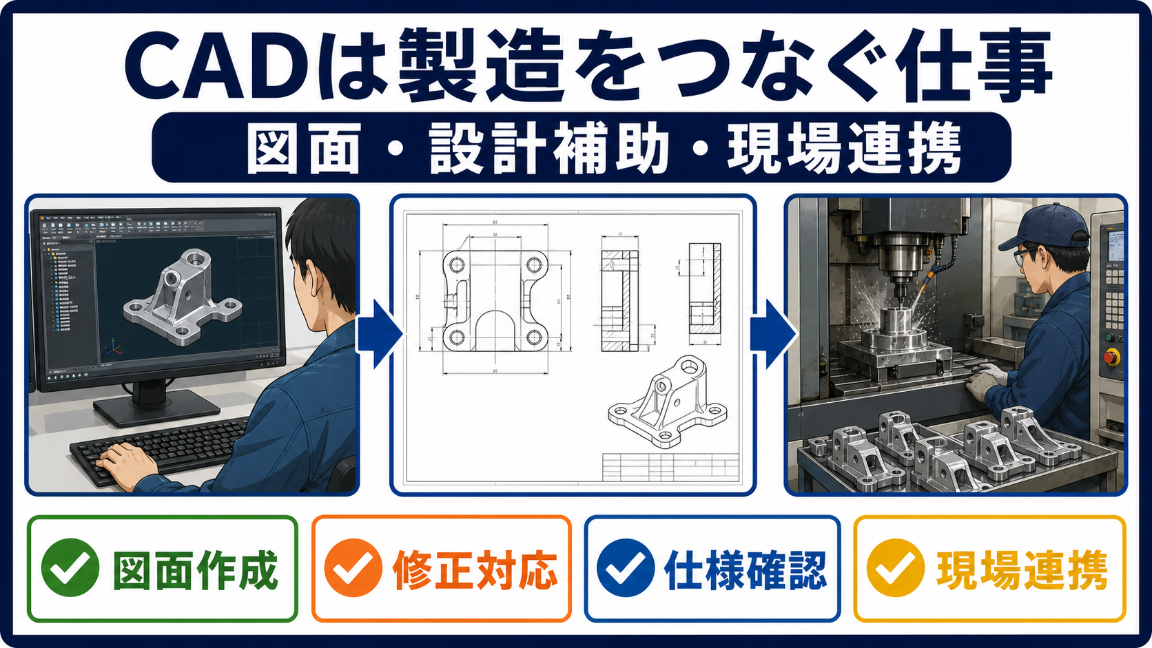 第1章｜CADオペレーターは図面作成で製造現場を支える仕事の要点を整理した本文中の要約画像