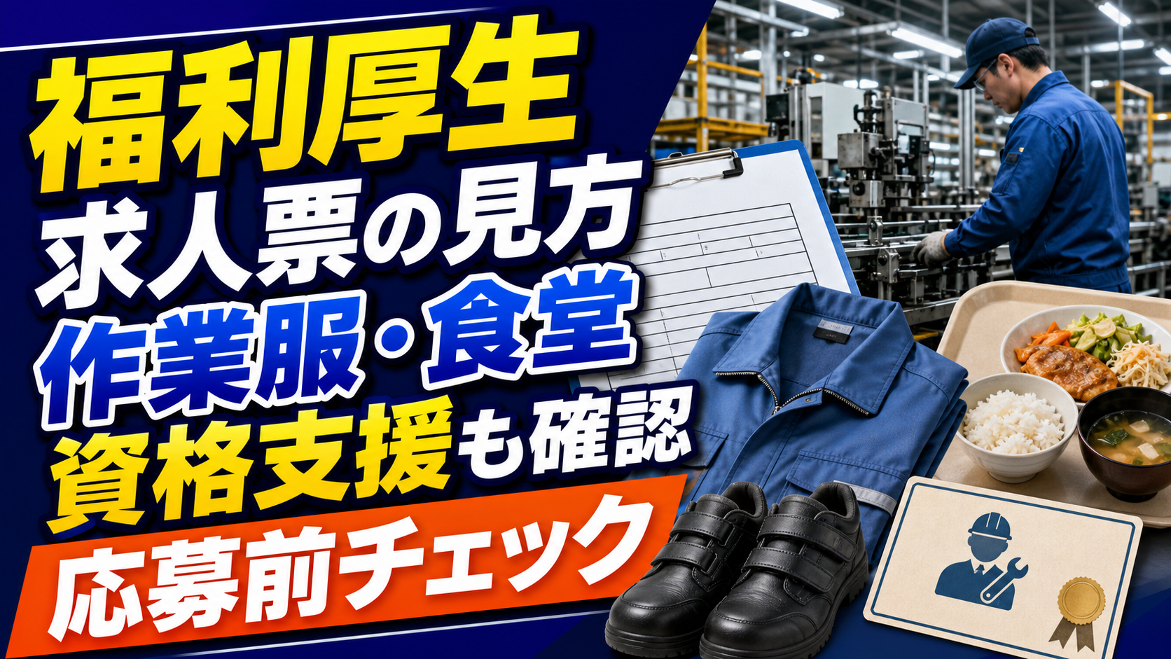 工場求人の福利厚生と作業服、食堂、資格取得支援の確認ポイントを整理したアイキャッチ画像