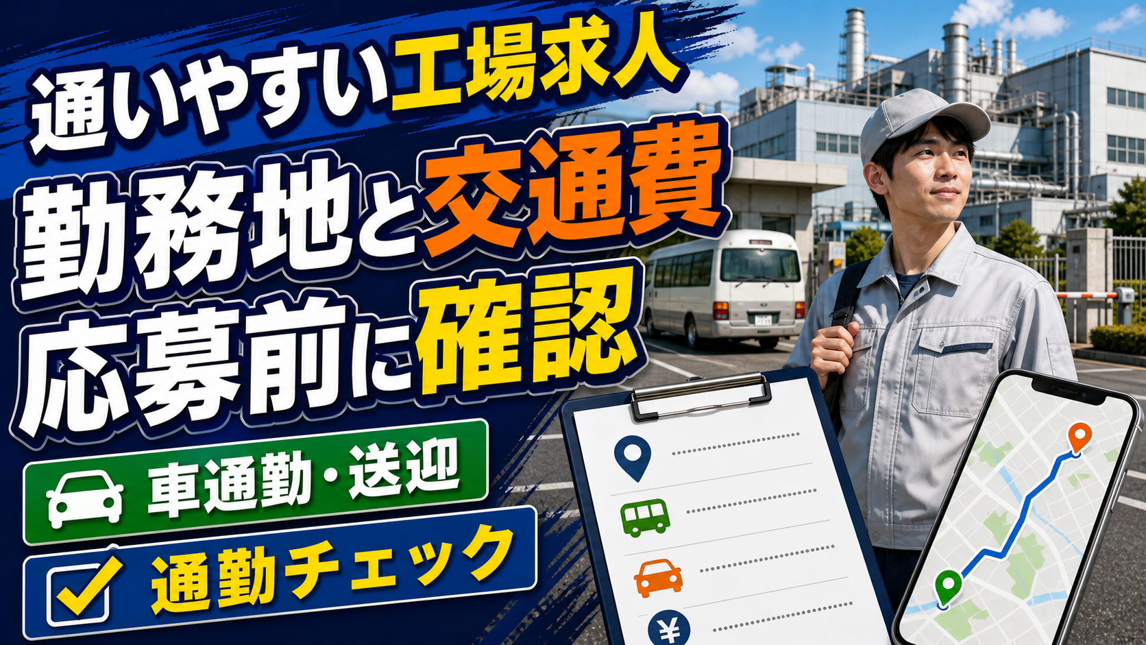 工場求人の勤務地と交通費、車通勤や送迎を応募前に確認するポイントを整理したアイキャッチ画像