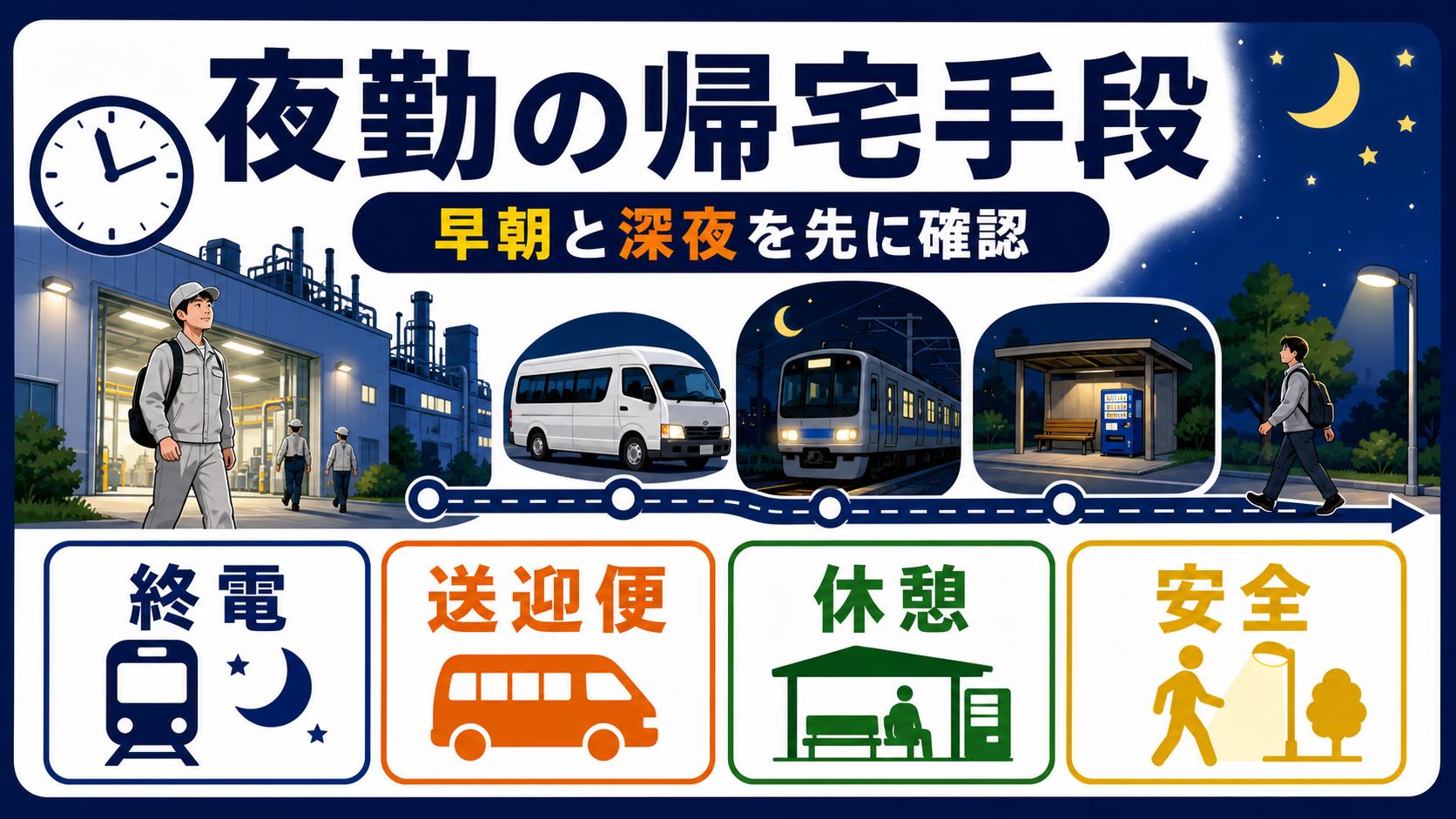 第6章｜夜勤・早朝・残業時の帰宅手段を確認するの要点を整理した本文中の要約画像