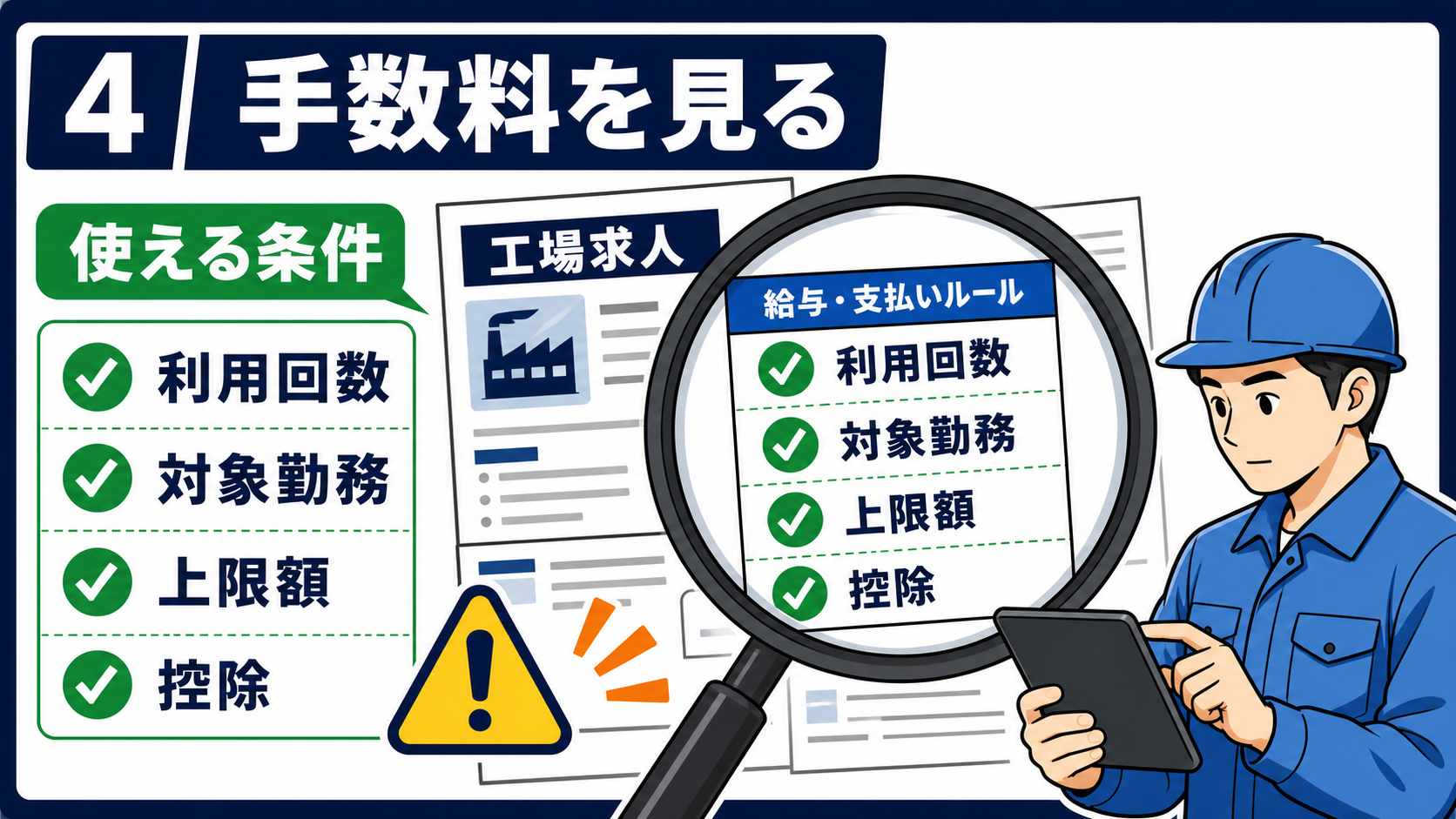 求人票の手数料、利用回数、対象勤務、上限額、控除を確認する要約画像