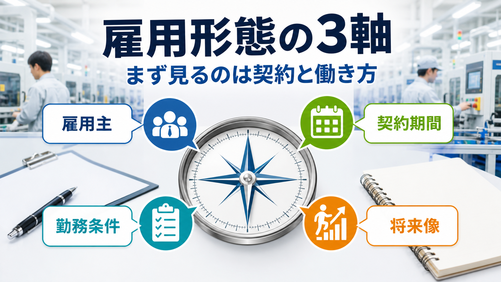 雇用形態を雇用主・契約期間・勤務条件・将来像の3軸で整理する図解