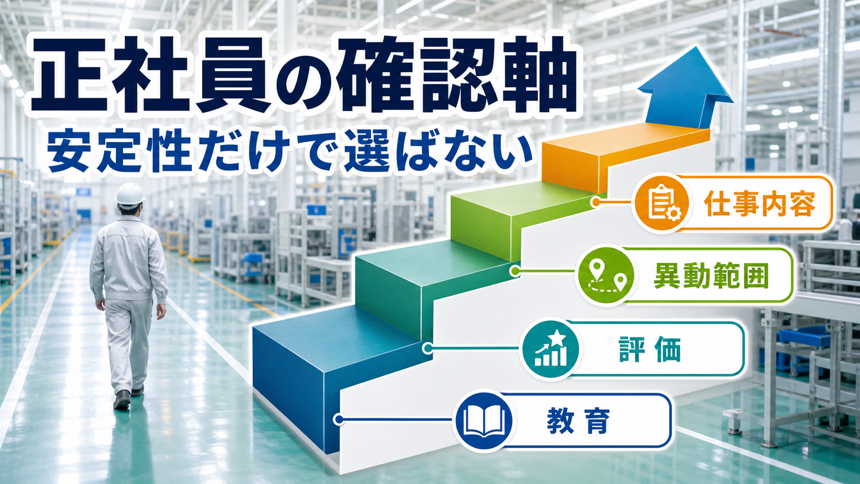 正社員求人の仕事内容・異動範囲・評価・教育を確認する階段図