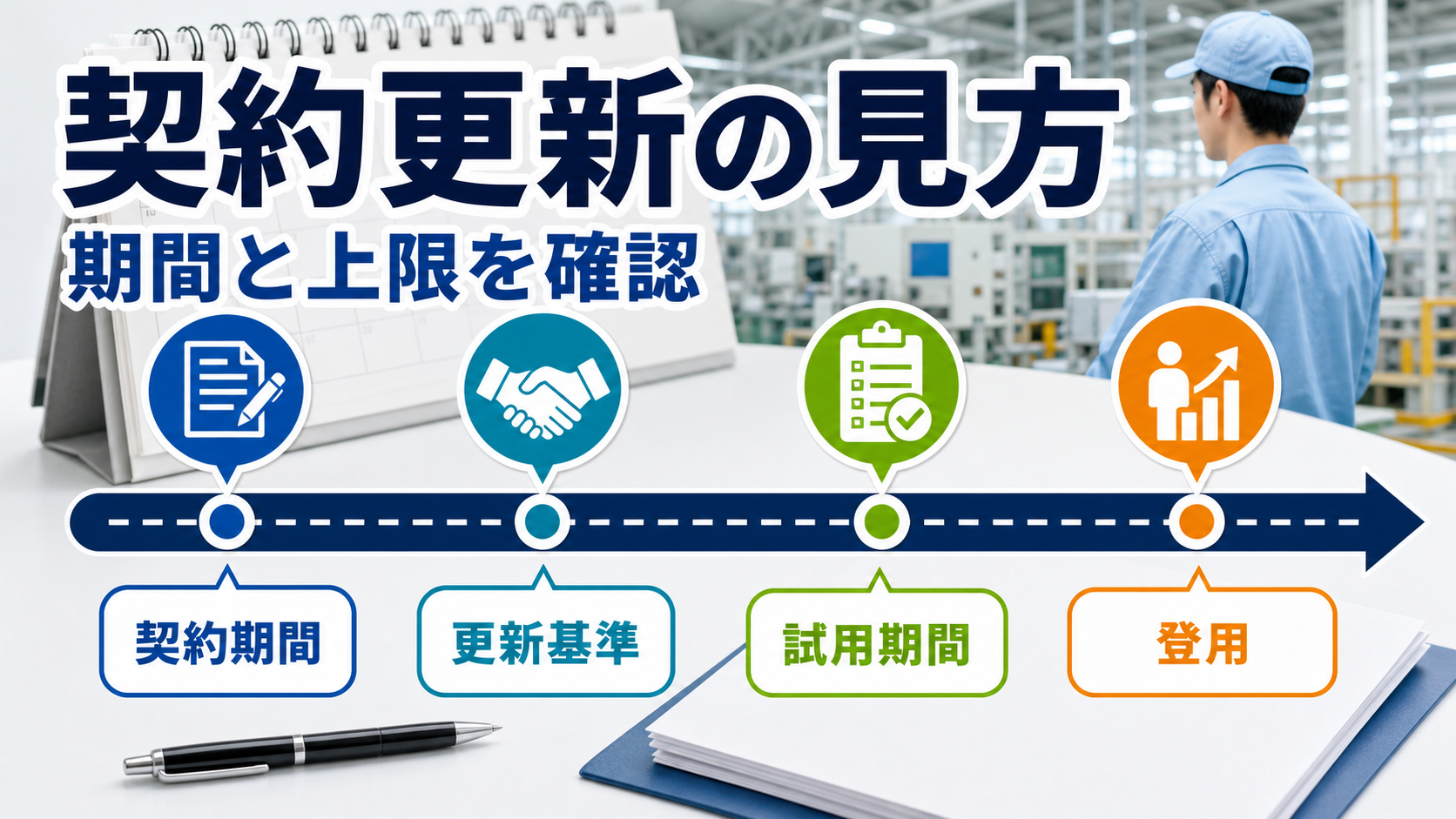 契約社員・期間工求人の契約期間、更新基準、試用期間、登用を確認するタイムライン