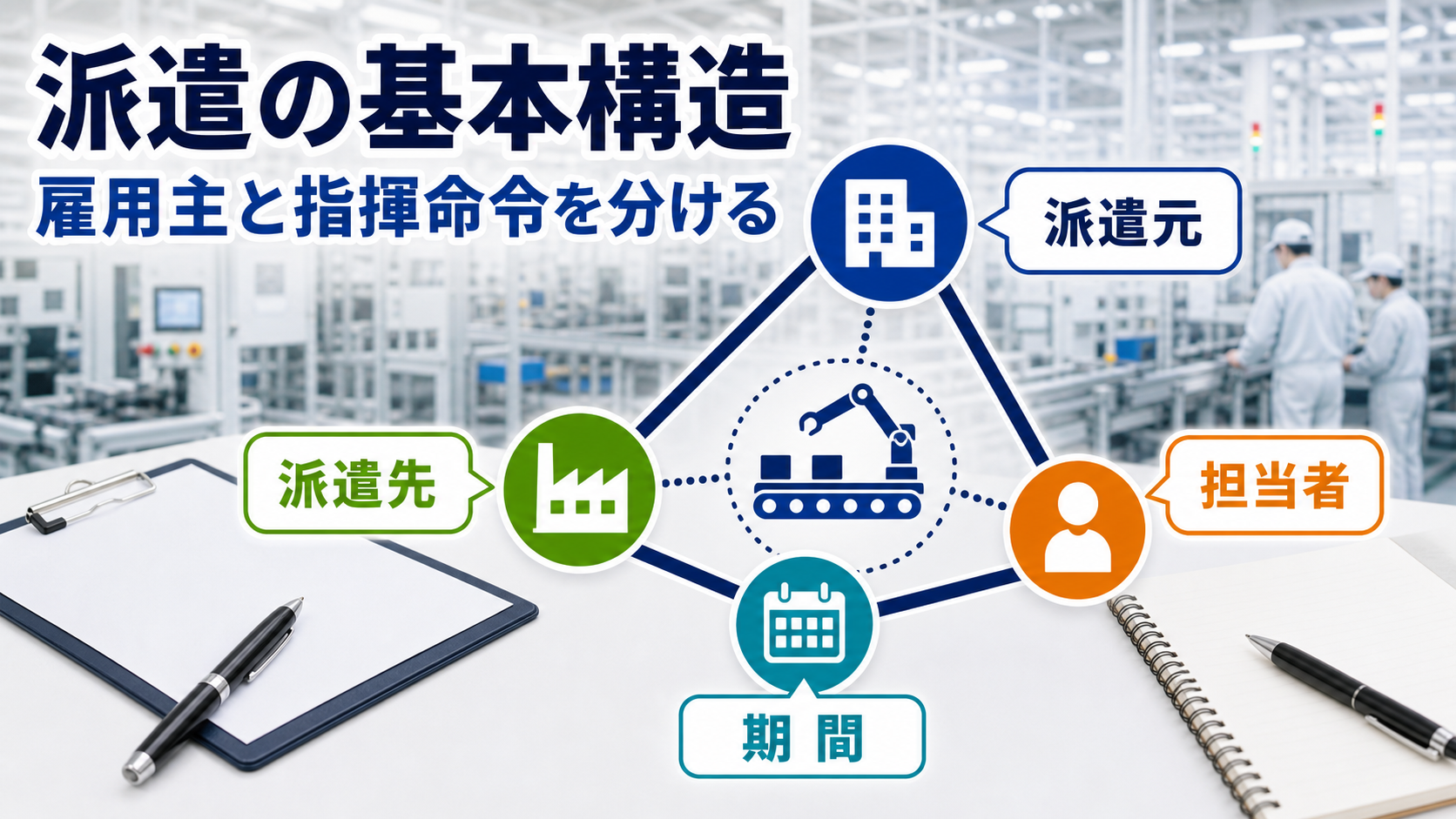 派遣社員求人の派遣元・派遣先・担当者・期間を三角関係で整理する図解