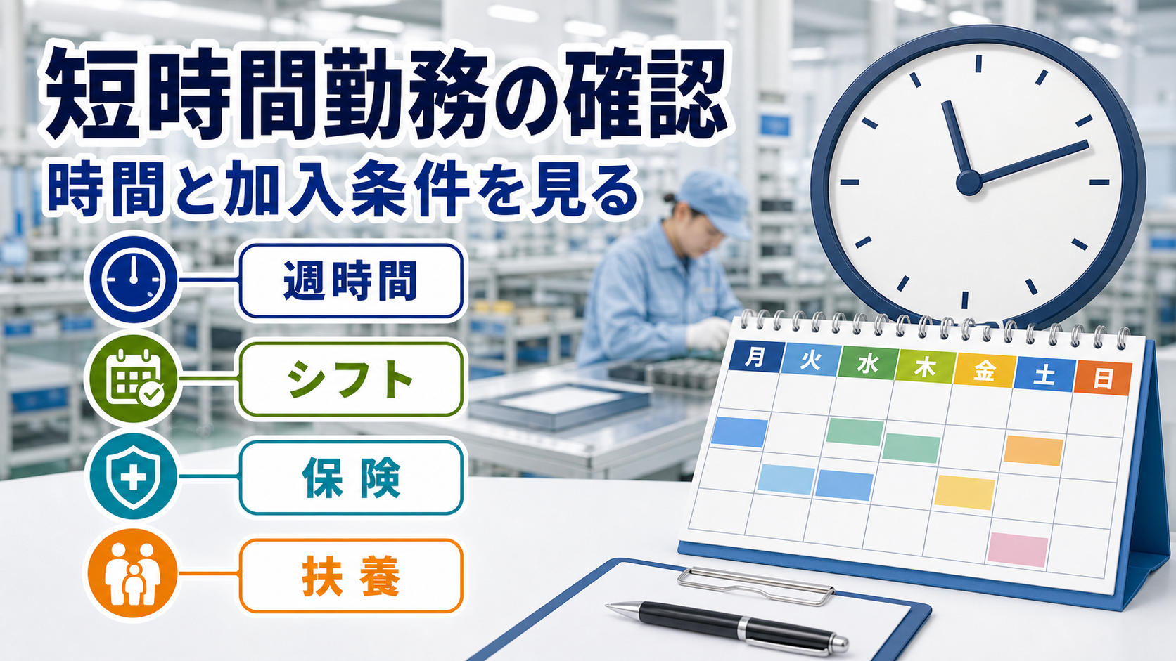 パート・アルバイト求人の週時間、シフト、保険、扶養を確認する時計とカレンダー図解