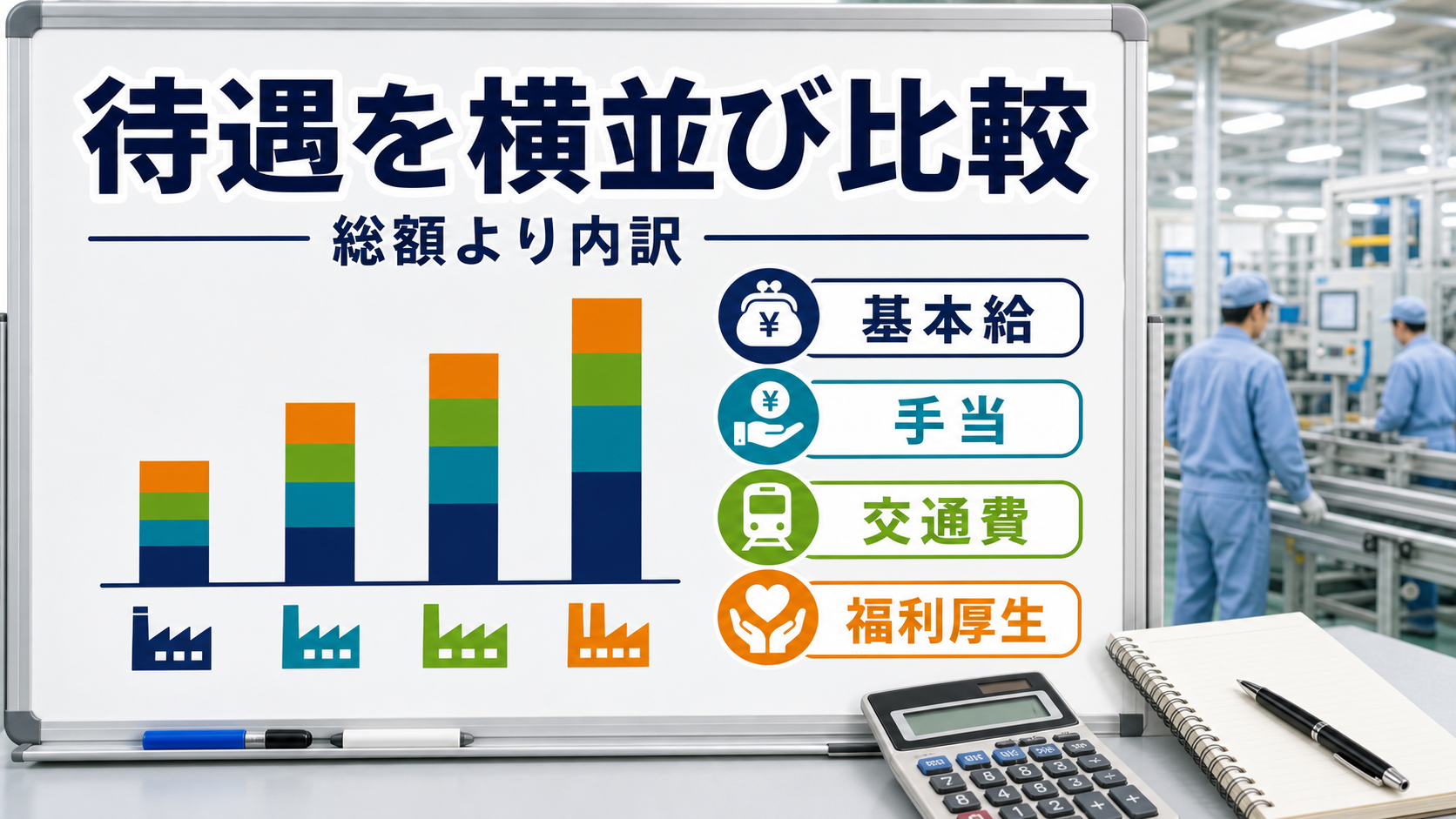 雇用形態ごとの基本給、手当、交通費、福利厚生を横並びで比較する図解