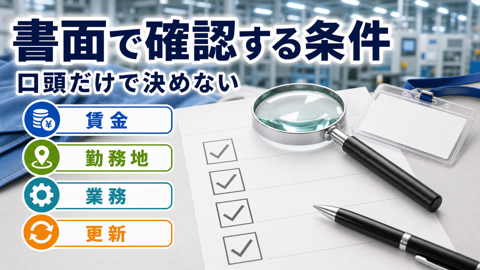 求人票と労働条件通知書で賃金、勤務地、業務、更新を確認する書面チェック図解