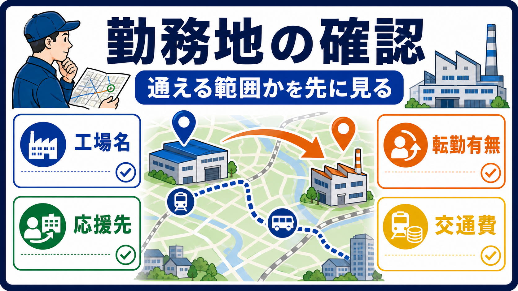 第3章｜就業場所と転勤・応援を確認するの要点を整理した本文中の要約画像