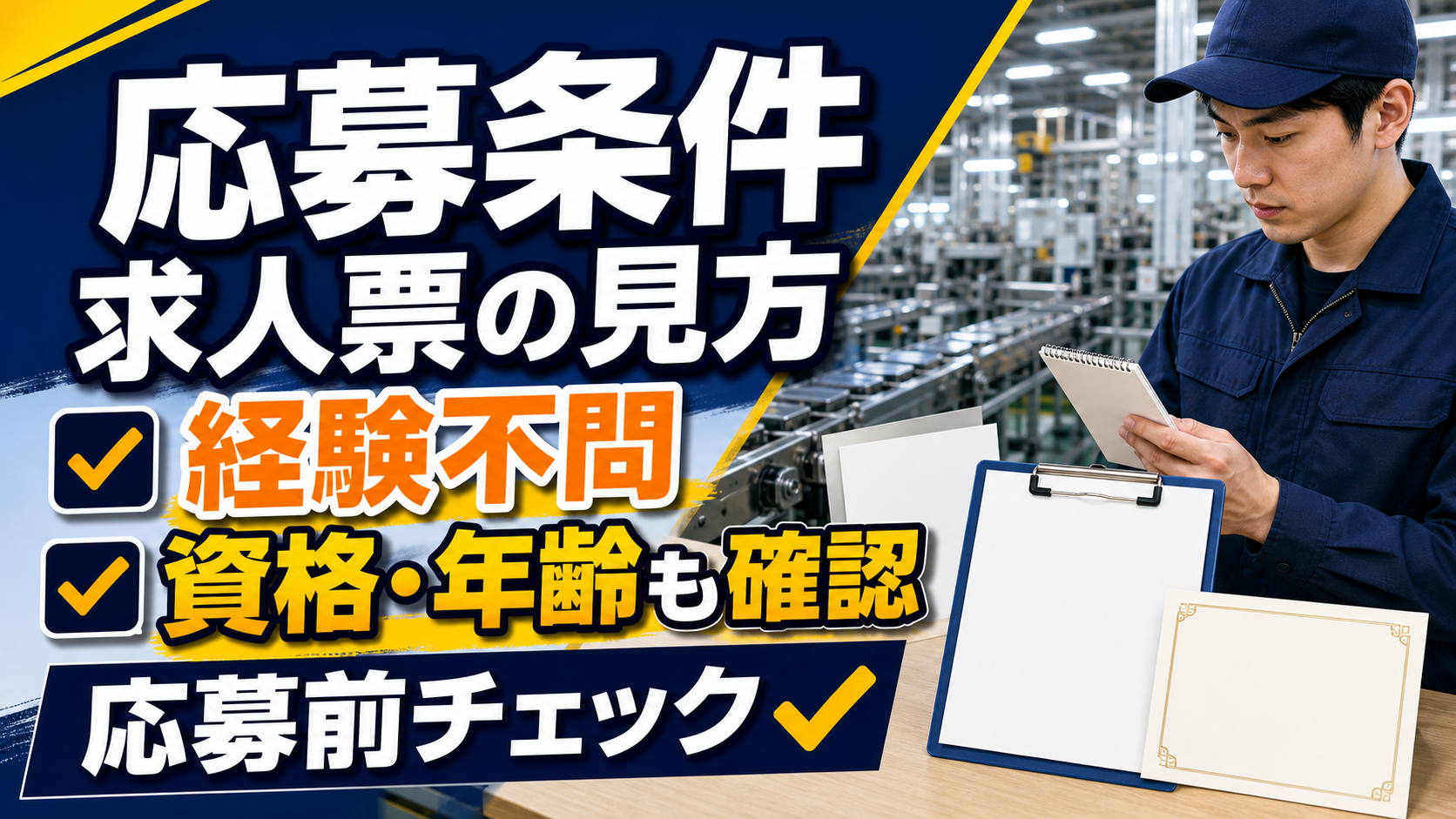 工場求人の応募条件の見方をまとめたアイキャッチ画像