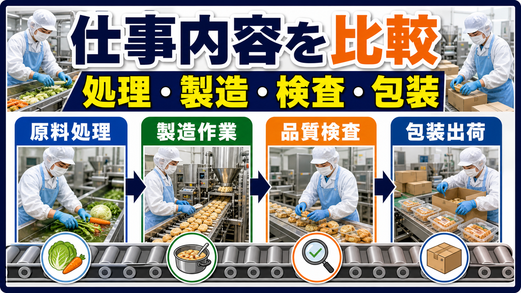 第2章｜食品工場の仕事内容を原料処理、製造、検査、包装に分けて整理した本文中の要約画像