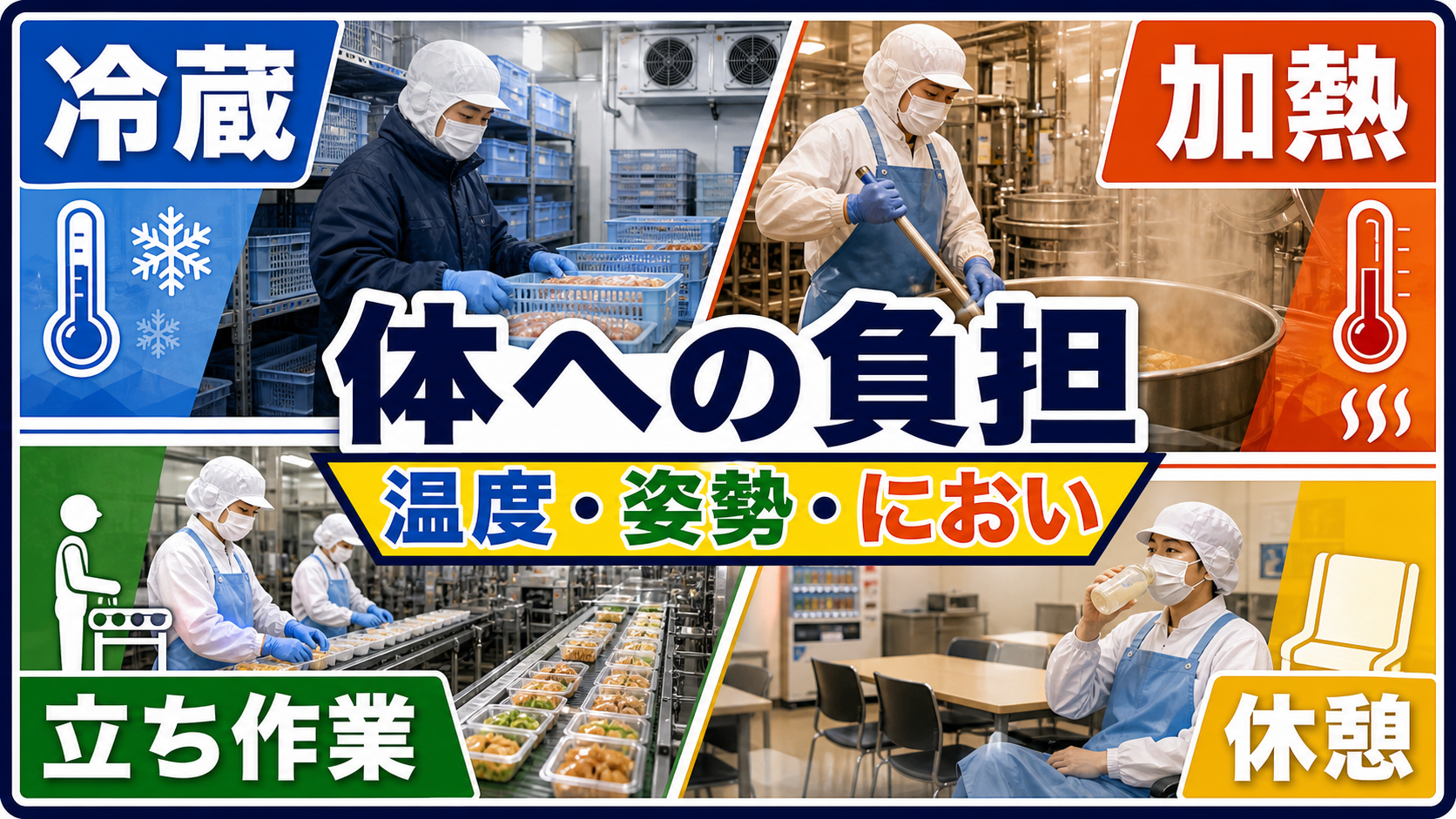 第4章｜食品工場求人の温度環境、姿勢、におい、休憩を整理した本文中の要約画像