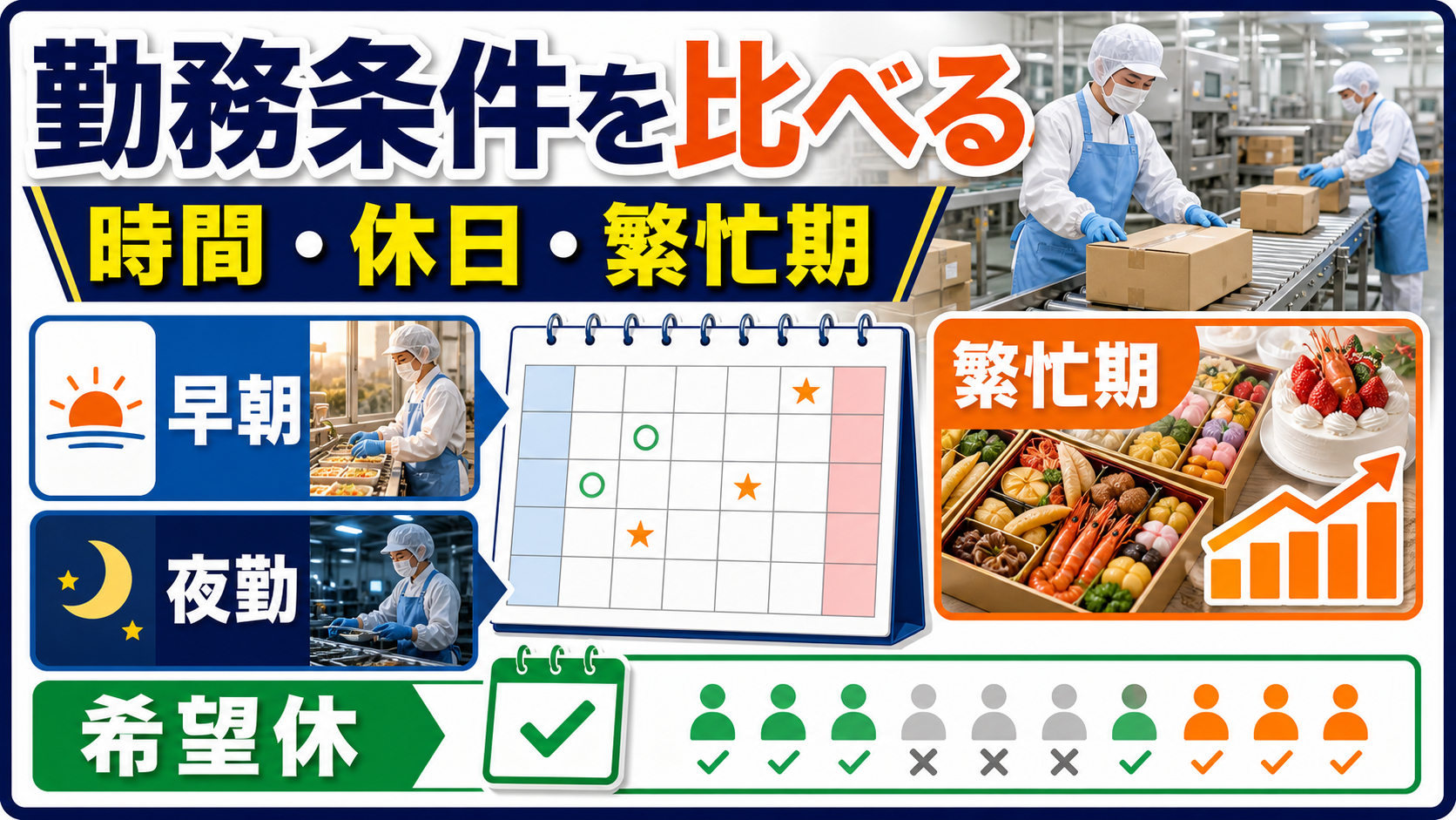 第6章｜食品工場求人の勤務時間、休日、繁忙期、希望休を整理した本文中の要約画像