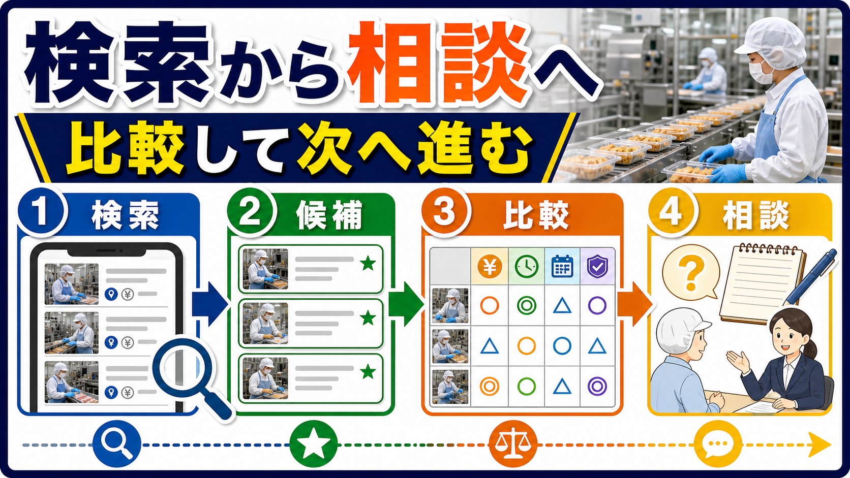 第8章｜食品工場求人を検索、候補整理、比較、相談へ進める流れを整理した本文中の要約画像